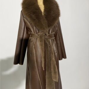 Women's Brown Long Shearling Coat with Fur Collar